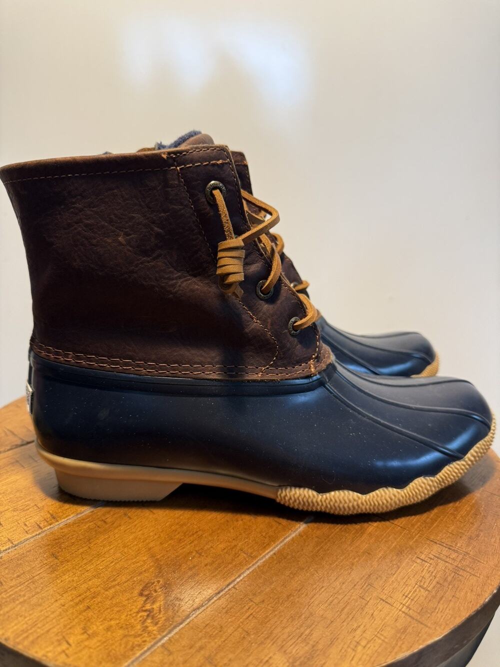 Sperry Saltwater Ankle Rain Duck Boot Brown/Navy Lace-Up Non-Slip Women US 8.5 M